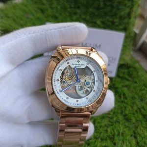 11 patek philippe golden mechanical watch mens steampunk skeleton automatic gear self wind stainless steel rose gold band