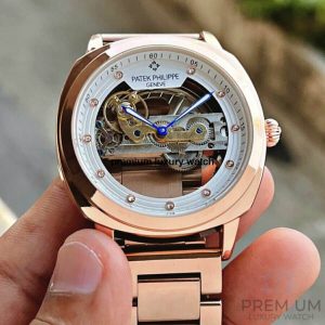 12 patek philippe golden mechanical watch mens steampunk skeleton automatic gear self wind stainless steel rose gold band