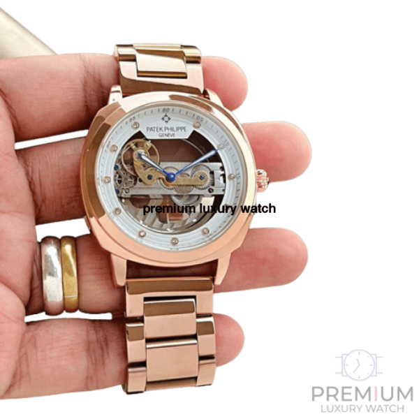 patek philippe golden mechanical watch mens steampunk skeleton automatic gear self wind stainless steel rose gold band 1
