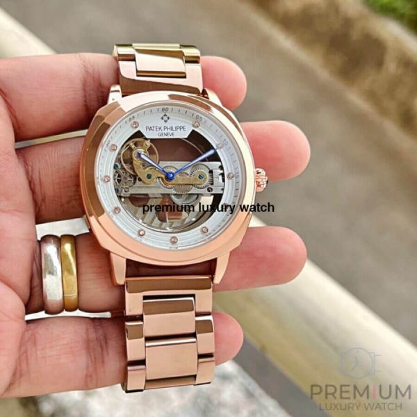 3 patek philippe golden mechanical watch mens steampunk skeleton automatic gear self wind stainless steel rose gold band 1