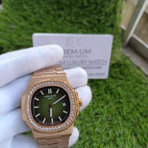patek philippe nautilus olive green dial diamond rose gold automatic mens watch