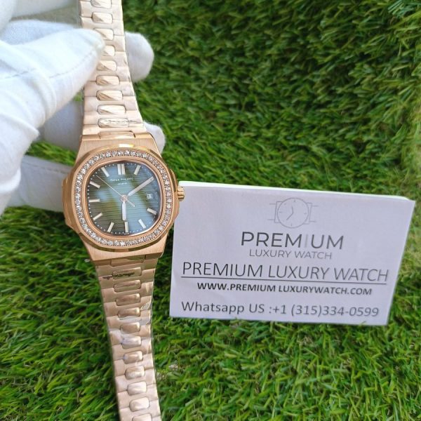 1 patek philippe nautilus olive green dial diamond rose gold automatic mens watch