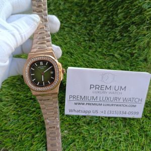 2 patek philippe nautilus olive green dial diamond rose gold automatic mens watch