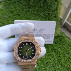 7 patek philippe nautilus olive green dial diamond rose gold automatic mens watch
