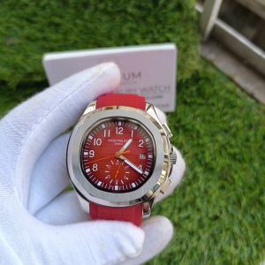 Patek Phillipe Aquanaut Silver Case Red Strap Watch Mens Wrist Watch