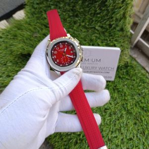 1 patek phillipe aquanaut silver case red strap watch mens wrist watch