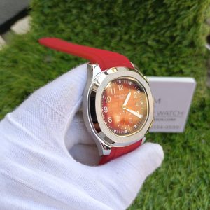 2-Patek Phillipe Aquanaut Silver Case Red Strap Watch Mens Wrist Watch