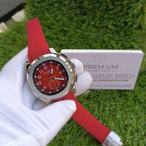 3-Patek Phillipe Aquanaut Silver Case Red Strap Watch Mens Wrist Watch