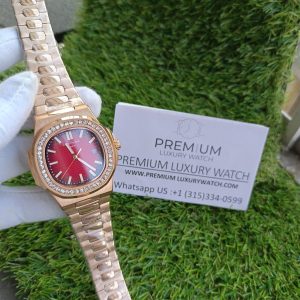 1 patek philippe nautilus red dial diamond rose gold automatic mens watch 57111r001