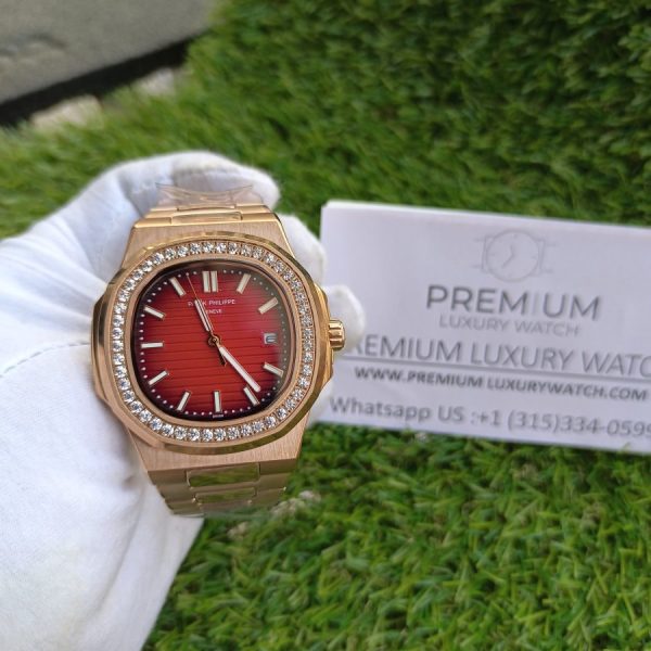 3 patek philippe nautilus red dial diamond rose gold automatic mens watch 57111r001