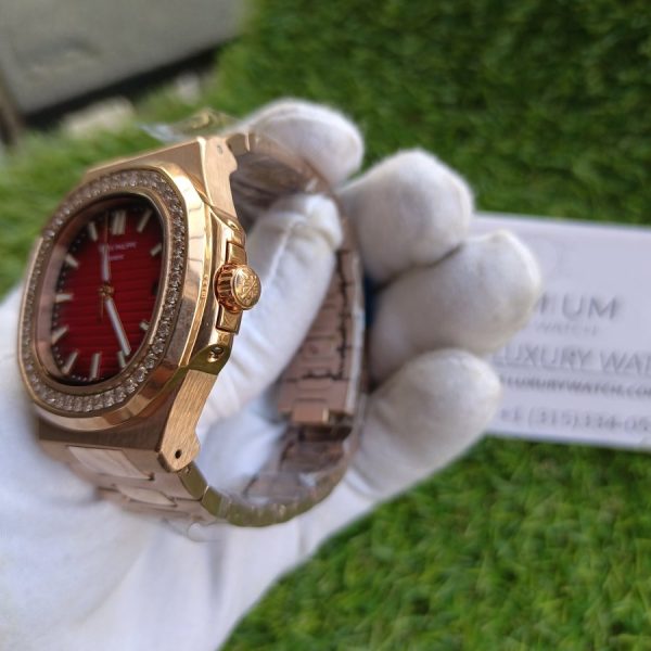 4 patek philippe nautilus red dial diamond rose gold automatic mens watch 57111r001