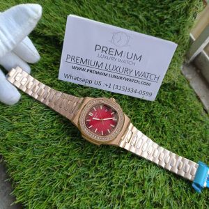 7 patek philippe nautilus red dial diamond rose gold automatic mens watch 57111r001