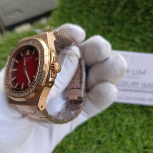 4 patek philippe nautilus red dial diamond rose gold automatic mens watch 57111r001 1