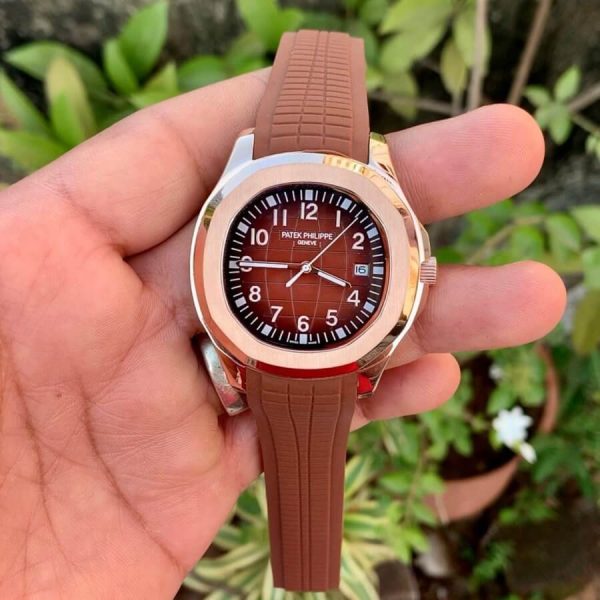 2 patek philippe aquanaut date sweep mens watch automatic rose gold 408mm brown dial brown composite rubber strap 5167r001