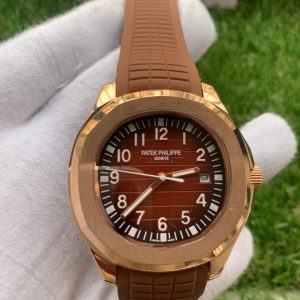 5 patek philippe aquanaut date sweep mens watch automatic rose gold 408mm brown dial brown composite rubber strap 5167r001