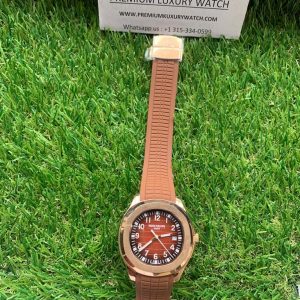 9 patek philippe aquanaut date sweep mens watch automatic rose gold 408mm brown dial brown composite rubber strap 5167r001