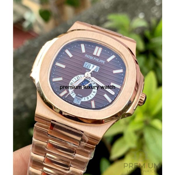 6 patek philippe nautilus brown dial rose gold annual calendar moon phase 57261a001 mens wrist watch
