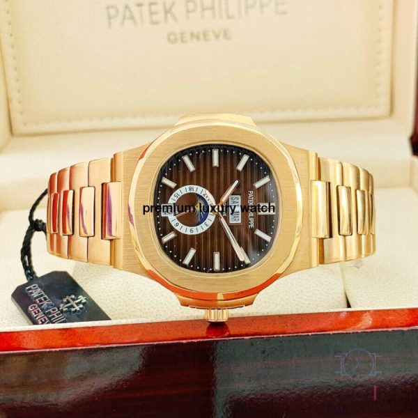 10 patek philippe nautilus brown dial rose gold annual calendar moon phase 57261a001 mens wrist watch
