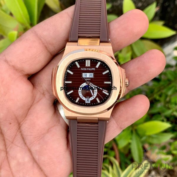 2 patek philippe nautilus blackbrown dial rose gold case brown silicone strap mens watch 5980r001