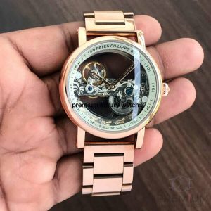 2-Patek Philippe Skeleton Transparent Automatic Chronograph Mens Watch White Dial Rose Gold Strap