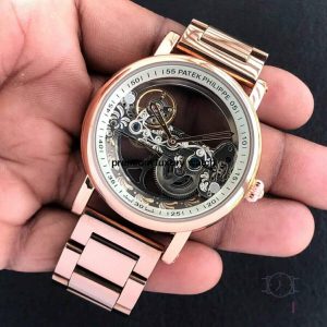 4-Patek Philippe Skeleton Transparent Automatic Chronograph Mens Watch White Dial Rose Gold Strap