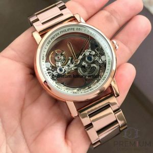 6 patek philippe skeleton transparent automatic chronograph mens watch white dial rose gold strap