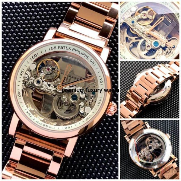 9 patek philippe skeleton transparent automatic chronograph mens watch white dial rose gold strap