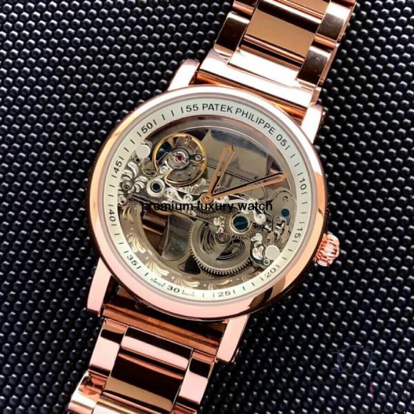 11 patek philippe skeleton transparent automatic chronograph mens watch white dial rose gold strap