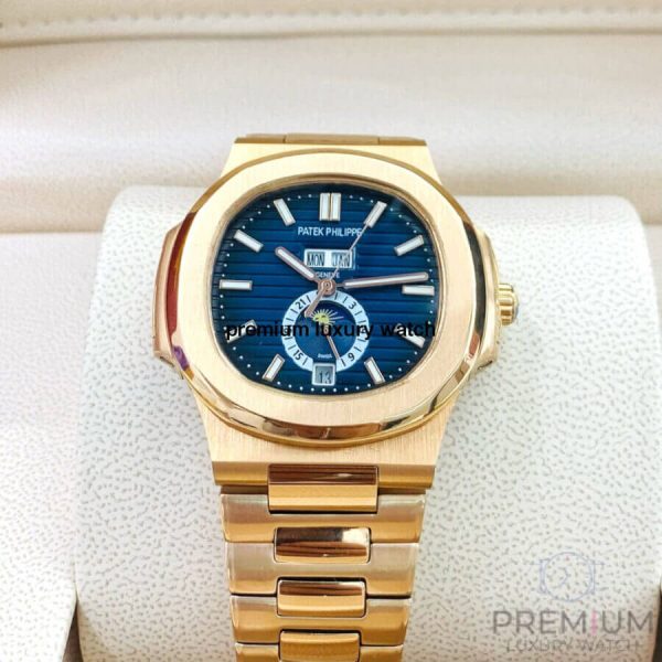 8 patek philippe nautilus annual calendar moon phase rose gold blue dial 57261a001 mens wrist watch