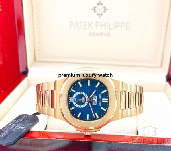 9 patek philippe nautilus annual calendar moon phase rose gold blue dial 57261a001 mens wrist watch
