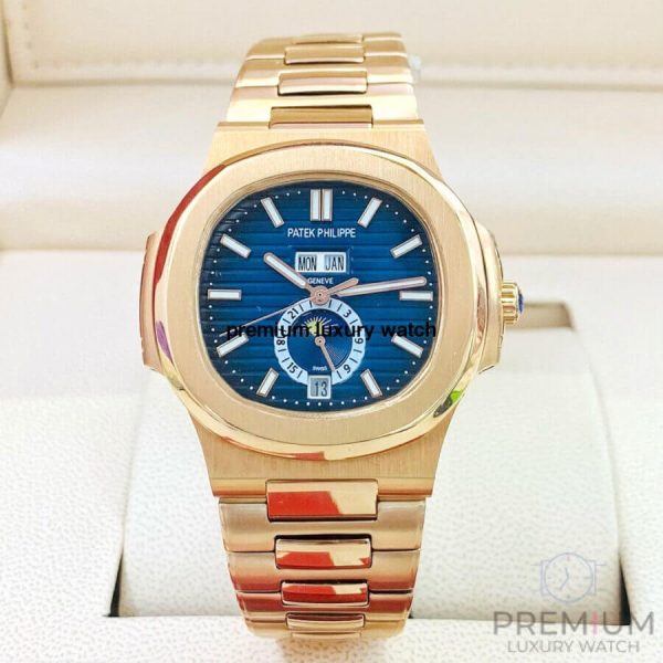 13 patek philippe nautilus annual calendar moon phase rose gold blue dial 57261a001 mens wrist watch