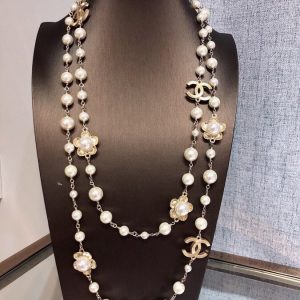 5 stylized flower multi layered pearl necklace gold tone for women 2799