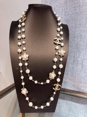 5 stylized flower multi layered pearl necklace gold tone for women 2799
