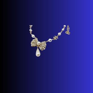 2-Bowknot Pendant Pearl Necklace Gold Tone For Women   2799