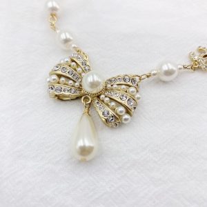 3 bowknot pendant pearl necklace gold tone for women 2799