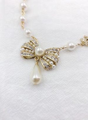 3 bowknot pendant pearl necklace gold tone for women 2799