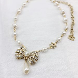 5 bowknot pendant pearl necklace gold tone for women 2799