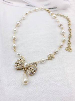 5 bowknot pendant pearl necklace gold tone for women 2799