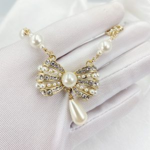 6 bowknot pendant pearl necklace gold tone for women 2799