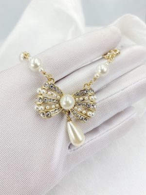 6 bowknot pendant pearl necklace gold tone for women 2799