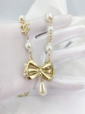 13 bowknot pendant pearl necklace gold tone for women 2799