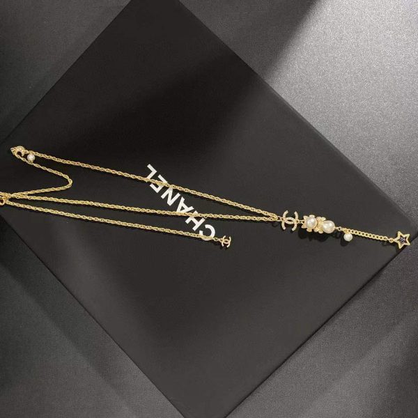 5 long necklace with pearl and black star gold tone for women 2799