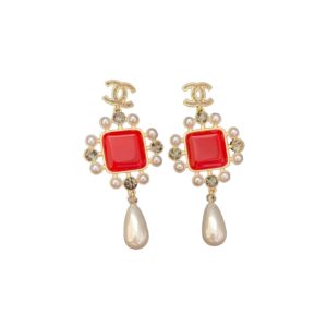 4-Dark Red Square Stone Earrings Gold Tone For Women   2799