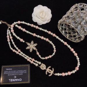 2-Layered Crystals Flower Pearl Necklace White For Women   2799