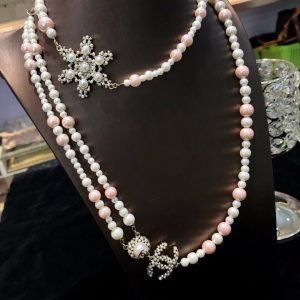 3 layered crystals flower pearl necklace white for women 2799