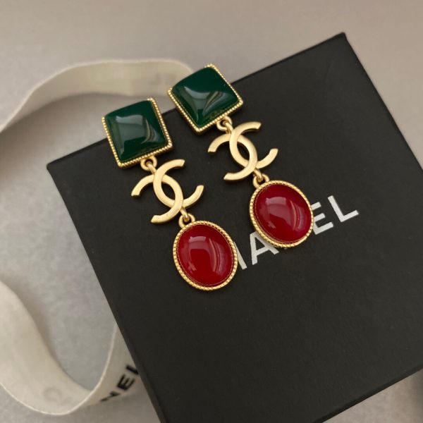 Big Dark Green And Dark Red Stone Earrings Gold Tone For Women   2799