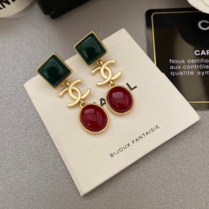 2-Big Dark Green And Dark Red Stone Earrings Gold Tone For Women   2799