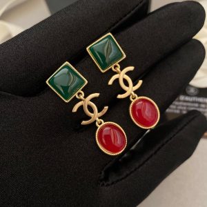 3-Big Dark Green And Dark Red Stone Earrings Gold Tone For Women   2799