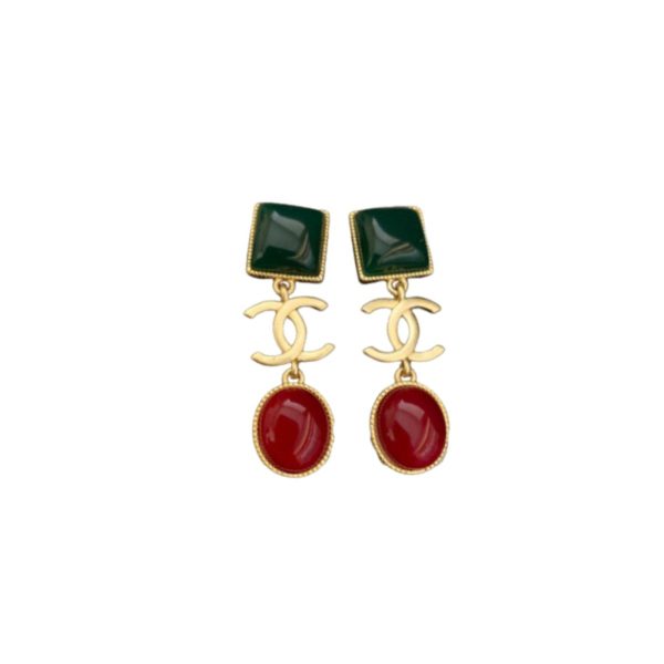 4 big dark green and dark red stone earrings gold tone for women 2799