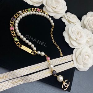 6 mix pearls and sparkling stone necklace gold tone for women 2799